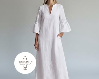 Cotton and Linen V Neck Puff Sleeve Dress Women's Casual Vacation Long Dress