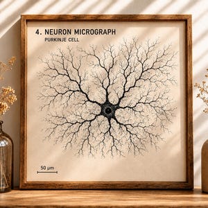 May include: A square framed print featuring a black ink illustration of a Purkinje cell neuron micrograph on a cream background. The text reads 4. NEURON MICROGRAPH PURKINJE CELL with a 50 µm scale bar in the bottom left corner of the print.
