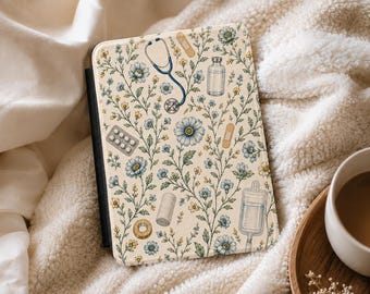 Vintage Floral Nurse Kindle Case, Medical Kindle Cover, Blue Botanical Healthcare Gift for Nurse, Nursing Student, PA, Doctor, Book Lover