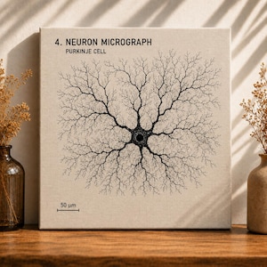 May include: A square canvas print featuring a black ink illustration of a Purkinje cell neuron on a beige background. The text reads 4. NEURON MICROGRAPH PURKINJE CELL and includes a 50 µm scale bar. The design displays intricate branching dendrites.