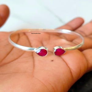 Handmade Sterling Silver Double Pear Ruby Bangle, July Birthstone Cuff Bracelet