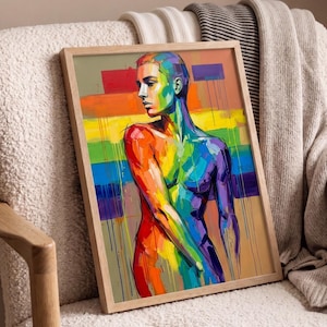 May include: A framed art print featuring a stylised figure painted in vibrant rainbow colours against a horizontal striped background. The artwork uses thick, visible brushstrokes and paint drips, with the word PRIDE subtly integrated on the right side.