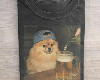 Vintage Pomeranian Drinking Beer T-shirt, Pomeranian Shirt, Funny Animal Graphic Tee, Beer Dog Lover Gift, Unisex Meme Cringe Dumb Tee