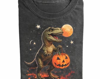 Vintage Dinosaur Halloween Graphic Tee, Pumpkin T-shirt, Spooky T-Rex Shirt, Retro Halloween Tee, 90s Dino Shirt, Halloween Night Gift