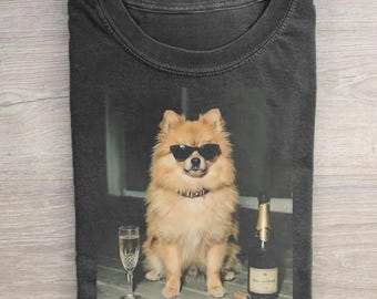 Funny Pomeranian Drink Champagne T-shirt, Animal Meme Tee, Dog Lover Gift, Vintage Pom Shirt, Wine Lover Tee, Pomeranian Mom Gift