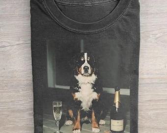 Bernese Mountain Dog Drinking Champagne T-shirt, Funny Dog Wine Tee, Vintage 90s Dog Meme Shirt, Berner Lover Gift, Unisex Graphic Tee