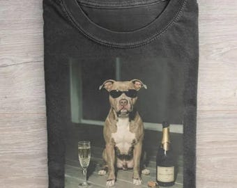 Vintage Pitbull Drinking Champagne T-shirt, Pitbull Tee, Dog Dad Shirt, Pittie Lover Graphic Tee, Pet Lover Gift