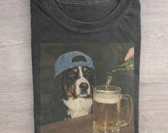 Bernese Mountain Drinking Beer T-shirt, Bernese Tee, Vintage 90s Dog Meme Shirt, Bernese Lover Gift, Unisex Graphic Tee