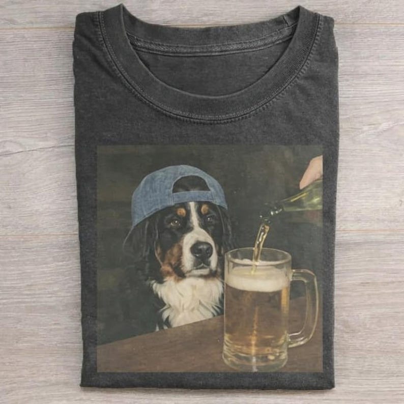 Bernese Mountain Drinking Beer T-shirt, Bernese Tee, Vintage 90s Dog Meme Shirt, Bernese Lover Gift, Unisex Graphic Tee bild 1
