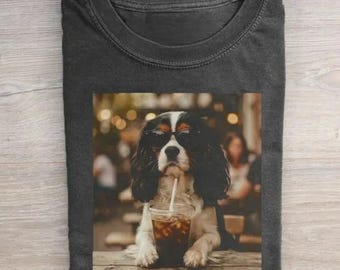 Cavalier King Charles Spaniel Drinking Iced Coffee Shirt, Animal Meme Tee, Funny Spaniel T-shirt, Coffee Lover Tee, Dog Mom Gift