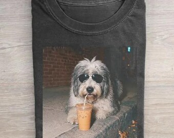 Old English Sheepdog Drinking Iced Coffee T-shirt, Vintage Dog Shirt, Sheepdog Tee, Dog Dad Gift, Dog Mom Tee, English Sheepdog Lover Gift