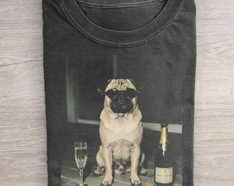 Retro Pug Champagne Shirt, Pug Meme Shirt, Wine Lover Tee, Funny Pug Dog Tee, Gift For Pug Lover