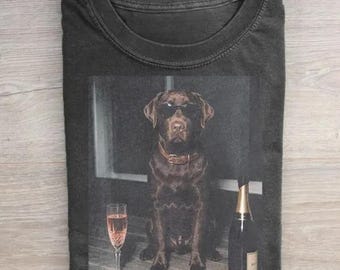 Funny Chocolate Lab Drinking Champagne Shirt, 90s Animal Meme Tee, Dog Lover Gift, Funny Lab Shirt, Dog Mom Gift, Chocolate Lab Gift