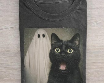 Funny Black Cat Selfie T-shirt, Ghost And Cat Shirt, Halloween Ghost Tee, Halloween Cat Shirt, Cat Lover Gift, Spooky Season Cat Tee