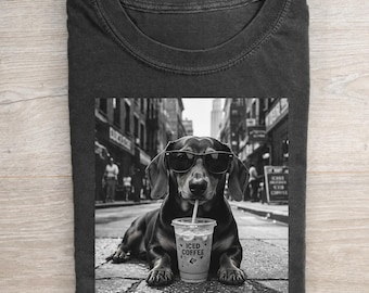 Funny Dachshund Iced Coffee T-shirt, Vintage Dachshund Graphic Shirt, Wiener Dog Shirt, Sausage Dog Tee, Dog Lover Gift, Trendy Unisex Tee