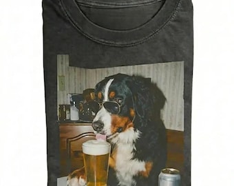 Bernese Mountain Drinking Beer T-shirt, Dog Meme Tee, Vintage 90s Beer Dog Shirt, Funny Bernese Lover Gift, Unisex Graphic Shirt