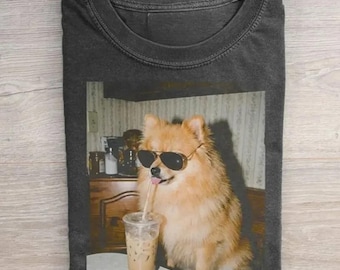 Pomeranian Iced Coffee Graphic T-Shirt, 90s Dog Meme Shirt, Pomeranian Lovers Gift, Pomeranian Mom Dad Tee, Unisex Casual Shirt