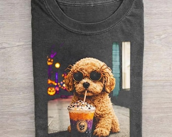 Halloween Goldendoodle Drinking Iced Coffee Slush T-Shirt, Dog Meme Tee, Spooky Dog Coffee Shirt, Doodle Halloween Tee, Animal Lover Gift