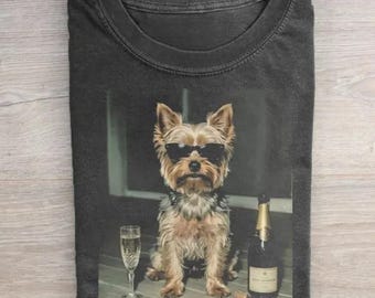Vintage Yorkie Drinking Champagne T-Shirt, Yorkie Meme Graphic Tee, Funny Dog Shirt, Wine Dog Shirt, Yorkie Lover Gift