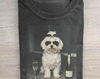 Vintage Maltese Drinking Champagne T-shirt, Funny Dog Graphic Shirt, Maltese Mom Shirt, Maltese Dad Gift, Wine Lover Tee