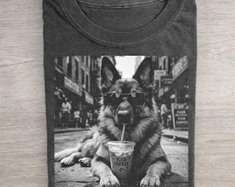 Vintage German Shepherd Iced Coffee Shirt, Dog Meme Graphic Tee, Coffee Dog T-shirt, German Shepherd Shirt, Funny Pet Lover Gift
