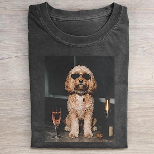 Vintage Cavapoo Drinking Champagne T-shirt, Animal Meme Tee, Cavapoo Lover Gift, Funny Dog Shirt, Wine Lover Tee, Dog Mom Gift