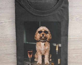 Vintage Cavapoo Drinking Champagne T-shirt, Animal Meme Tee, Cavapoo Lover Gift, Funny Dog Shirt, Wine Lover Tee, Dog Mom Gift