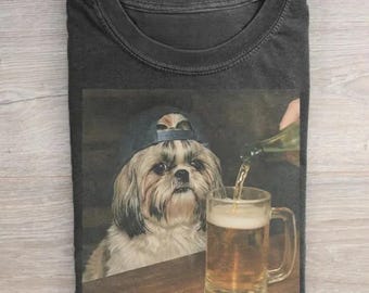 Shih Tzu Drinking Beer T-shirt, Shih Tzu Shirt, 90s Retro Animal Tee, Shih Tzu Mom & Dad Gift, Unisex Graphic Shirt