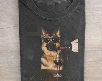 German Shepherd Dog Drinking Wine Shirt, 90s Animal Meme T-shirt, Funny German Shepherd Tee, Wine Lover Gift, Unisex Graphic Shirt