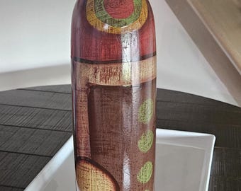 Tall Slim Hand Painted Terracotta Vase with Abstract Geometric Shapes