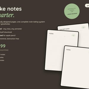 Könnte beinhalten: Drei digitale Notizseiten auf dunklem Hintergrund. Der Text lautet take notes smarter, 3 carefully designed pages, one complete note-taking system built for goodnotes, undated, instant pdf download, optimized for apple pencil, clean, minimal, distraction-free, cornell notes, lined notes, blank notes und primary.