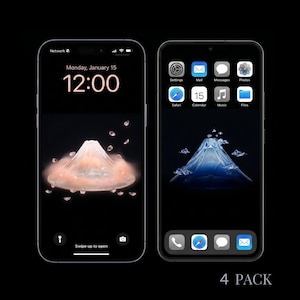 Könnte beinhalten: Zwei Smartphones mit digitalen Hintergrundbildern auf schwarzem Grund. Der linke Bildschirm zeigt eine rosafarbene Berggrafik mit schwebenden Blütenblättern. Der rechte Bildschirm zeigt eine blaue Berggrafik mit kleinen Wolken und App-Symbolen.