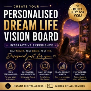 Visionstavlegenerator | Interaktiv framtida självplanerare | Manifestationsdagbok | Mål- och vanespårare | Digital app med direktåtkomst