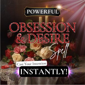 Puede incluir: Un ramo de rosas rojas, rosas y blancas con velas encendidas al fondo. El texto dice POWERFUL OBSESSION & DESIRE Spell, Cast Your Intention e INSTANTLY! Las rosas están dispuestas sobre un mantel de encaje blanco con pétalos esparcidos.