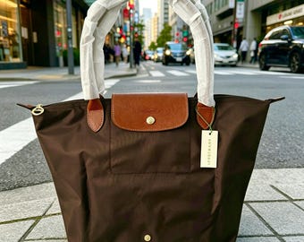 Longchamp Large Brown Tote Bag – Nylon Design with Leather Trims, Lightweight Foldable Daily Handbag