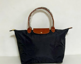 Longchamp Large Black Tote – Leather Trimmed Nylon Bag, Lightweight Foldable Everyday Purse
