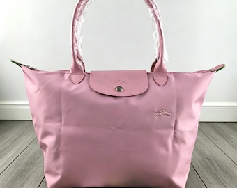 Longchamp Large Pink Tote – Leather Trimmed Nylon Bag, Lightweight Foldable Everyday Purse