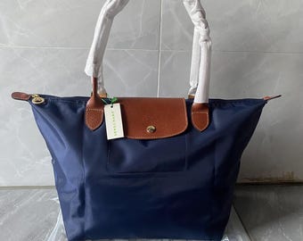 Longchamp Large Navy Blue Tote – Leather Trimmed Nylon Bag, Lightweight Foldable Everyday Purse
