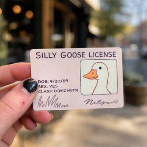 May include: A novelty "Silly Goose License" card with a cartoon goose illustration. The card includes the text "SILLY GOOSE LICENSE", "DOB: 4/20/69", "SEX: YES", and "CLASS: D (EEZ NUTS)". The card is held by a hand.