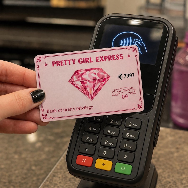 May include: A pink card with the text "PRETTY GIRL EXPRESS" and a diamond graphic is held near a payment terminal. The card also reads "Bank of pretty privilege" and "VIP SINCE 09".