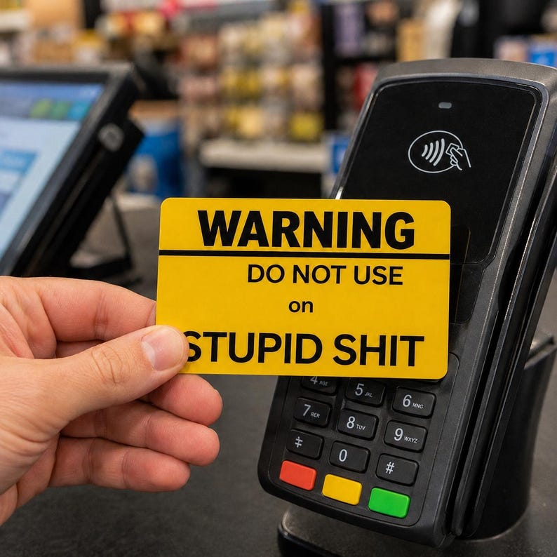 May include: A yellow warning sign with black text that reads "WARNING DO NOT USE on STUPID SHIT" is held near a black card reader. The card reader has a keypad with numbers and a contactless payment symbol.