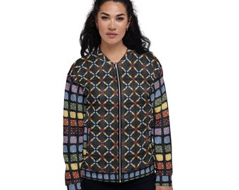 Crochet Rainbow Squares Unisex Bomber Jacket