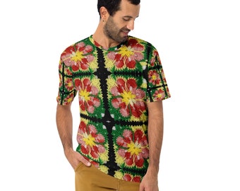 Crochet African Flower t-shirt in green, pink, and yellow