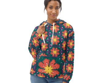 African Flower Crochet Unisex Hoodie in peach and purple