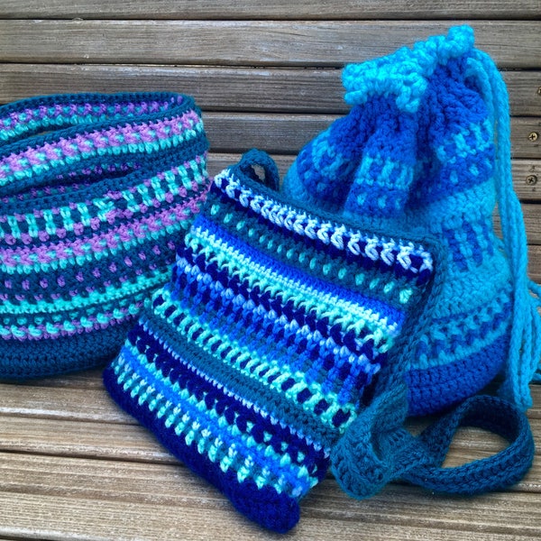Handbag, backpack, cross-body purses (three different crochet patterns)