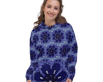 Crochet African Flower Unisex Hoodie in blues