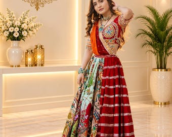 Red Multicolor Lehenga Choli, Gujarati Mirror Work Outfit, Bandhani Style Indian Skirt Set, Garba Navratri Dress, Festive Wear