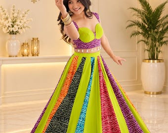 Neon Green Bandhani Lehenga Choli, Colorful Indian Garba Outfit, Gujarati Chaniya Choli, Navratri Festive Wear