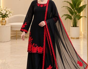 Black Red Embroidered Salwar Kameez,Pakistani Suit, Indian Ethnic Dress, Chiffon Dupatta, Party Wear, Wedding Guest Outfit,Traditional Kurta