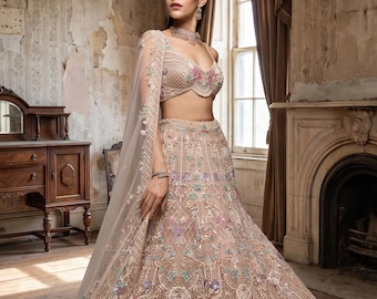 Lehenga Choli nupcial floral color marfil, lehenga de boda de lujo bordada, ropa nupcial india de diseñador, atuendo para recepción, vestido de compromiso